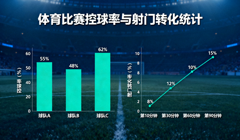体育比赛数据分析图表展示，控球率与射门转化统计配图