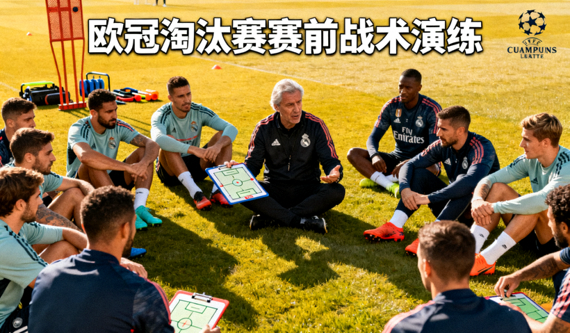 足球球队在训练场上进行战术演练，欧冠淘汰赛赛前分析配图